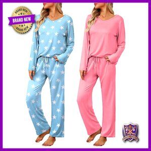 2 Pack Pajama Set with Pockets, V-Neck Tops & Pants, Soft Loungewear